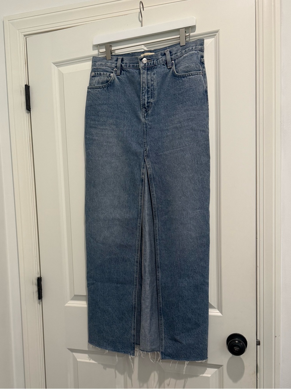 GRLFRND Classic Mid Wash High-Rise Denim Jean Maxi Skirt